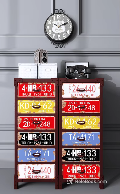 Vintage Dresser Featuring Various License Plate Decorated Drawers And Retro Design 3d model 