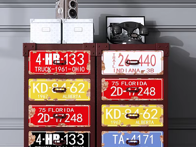 Vintage Dresser Featuring Various License Plate Decorated Drawers And Retro Design 3d model