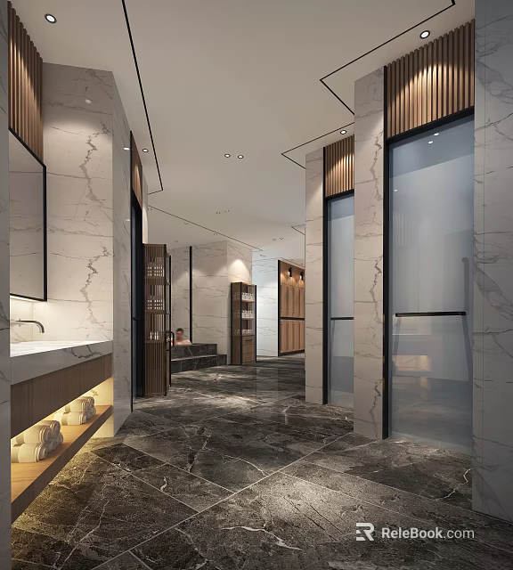 Modern SPA Sauna Interior Design With Marble Walls Glass Doors And Wooden Accents 3d model 