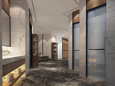 Modern SPA Sauna Interior Design With Marble Walls Glass Doors And Wooden Accents 3d model