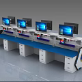 Ergonomic Functional Control Workstation Desk With Multiple Monitors Blue Desktop And Storage Drawers 3d model