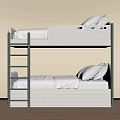 Modern White Bunk Bed with Ladder Storage Drawers Striped Bedding and Pillows