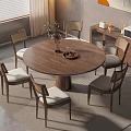 Modern Round Wooden Dining Table Set With Wicker Chairs And Side Cabinet