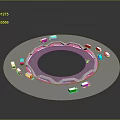Scenic Circular Landscape with Central Hollow Small Vehicles and Pink Track