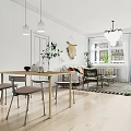 Modern Minimalist Living and Dining Room Interior With White Walls Wooden Furniture And Geometric Rug
