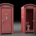 Red Portable Toilet Cabins Arranged In Row With Open And Closed Doors