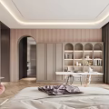 Modern Bedroom Interior Design With White Bedding Gray Throw Round Art And Pink Velvet Sofa