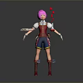 Pink Haired Animated Character Wearing Red Vest Blue Shorts Holding Tray With Floating Pink Bubbles