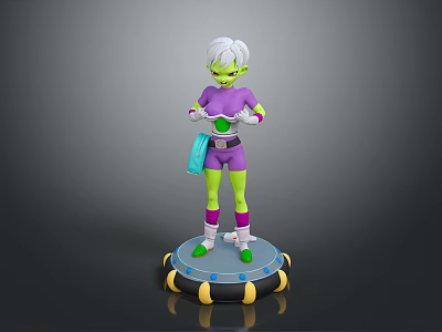 Green Skinned White Haired Character in Purple Outfit with Hands Clasped on Striped Platform Base 3d model