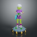 Green Skinned White Haired Character in Purple Outfit with Hands Clasped on Striped Platform Base