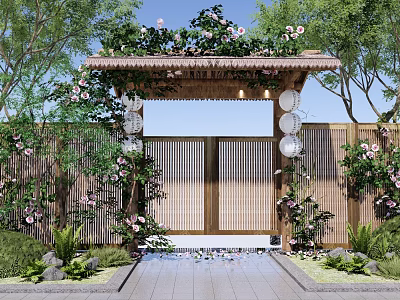 Delightful Garden Ornament With Vine Covered Roof Bamboo Gate Hanging Lanterns Pink Flowers And Greenery 3d model