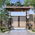 Delightful Garden Ornament With Vine Covered Roof Bamboo Gate Hanging Lanterns Pink Flowers And Greenery