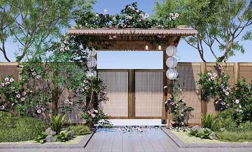 Chinese Country Courtyard Door Rose Vine Climbing Vine Plant Homestay Small Courtyard Door Courtyard Door Wall 3d model