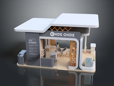 Modern Exhibition Booth With White Roof Wooden Lattice And Interior Tables Chairs 3d model