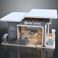 Modern Exhibition Booth With White Roof Wooden Lattice And Interior Tables Chairs