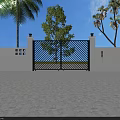 Boutique Villa Exterior Featuring White Walls Black Metal Gate Palm Trees And Gray Tiled Courtyard