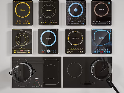 Modern Kitchen Appliances Showcasing Stylish Induction Cooktops With Various Designs 3d model