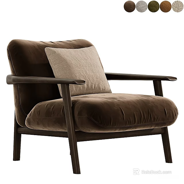 Brown Velvet Armchair With Wooden Arms And Light Colored Cushion 3d model 