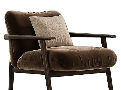 Brown Velvet Armchair With Wooden Arms And Light Colored Cushion 3d model