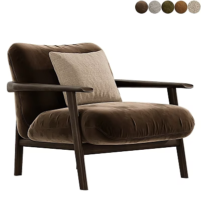 Brown Velvet Armchair With Wooden Arms And Light Colored Cushion 3d model