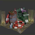 3D Scene Featuring Green Scooter Rusty Oil Drum Red White Lifebuoy Grass And Penguin
