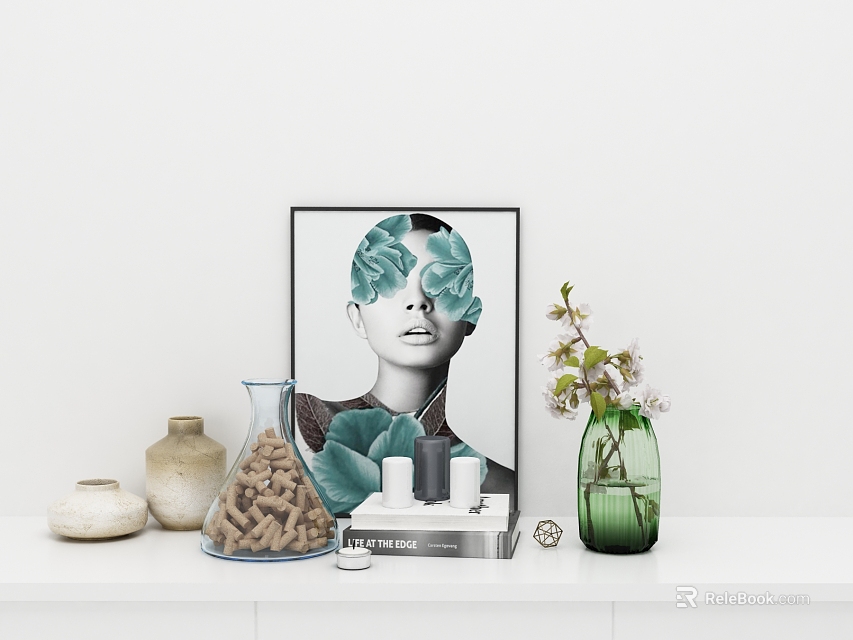 Modern Home Decorative Ornaments Set with Painting Ceramic Jars Green Vase and Glass Bottle 3d model 