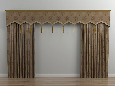Brown Patterned Curtains With Elegant Valance And Tassel Details For Home 3d model