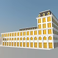 White Building Exterior With Yellow Windows Arched Portico Multiple Floors And Dark Roof