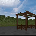 Wooden Outdoor Pergola With Green Vines And Surrounding Trees On Stone Pavement