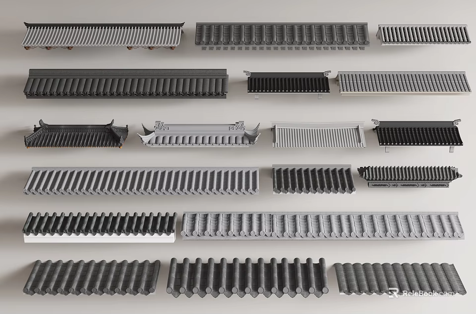 Various Building Components With Grille Striped Shapes And Gray Black Colors 3d model 