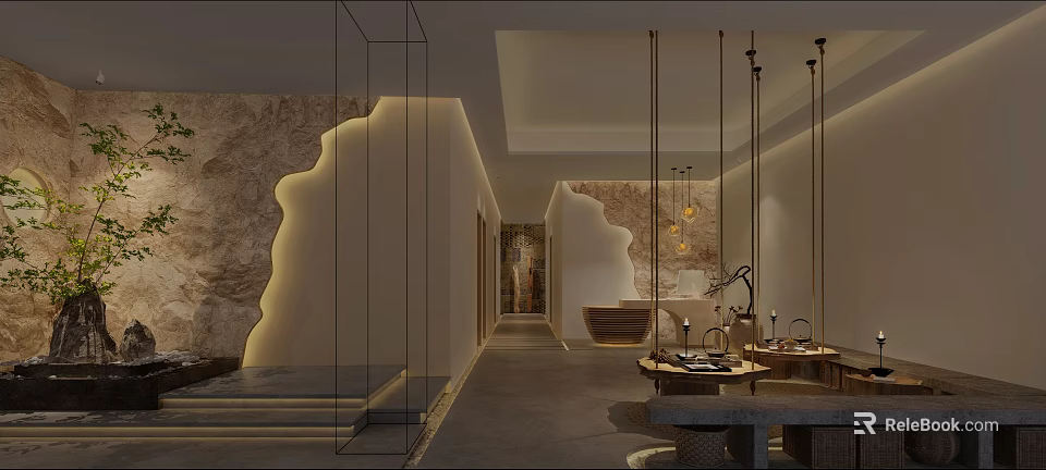 Elegant Modern Hotel Lobby Interior With Marble Walls Hanging Lamps And Seating Area 3d model 
