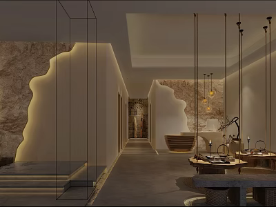 Elegant Modern Hotel Lobby Interior With Marble Walls Hanging Lamps And Seating Area 3d model