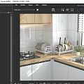 Modern Kitchen Interior With White Dish Racks Holding Plates And Spatulas On Wooden Countertop