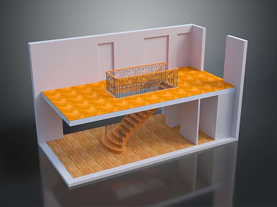 Two Level Interior Structure With Patterned Floor Upper Platform Railing And Staircase 3d model