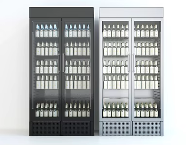 Two Black And Silver Glass Door Refrigerators With Bottled Items Inside 3d model