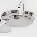 Light Colored Curved Sofa And Round Coffee Table Set With Modern Ottoman And Floor Lamp