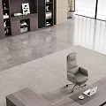 Modern Office Desk Interior With Wooden Surface Laptop Gray Chair Bookshelf And Potted Plant