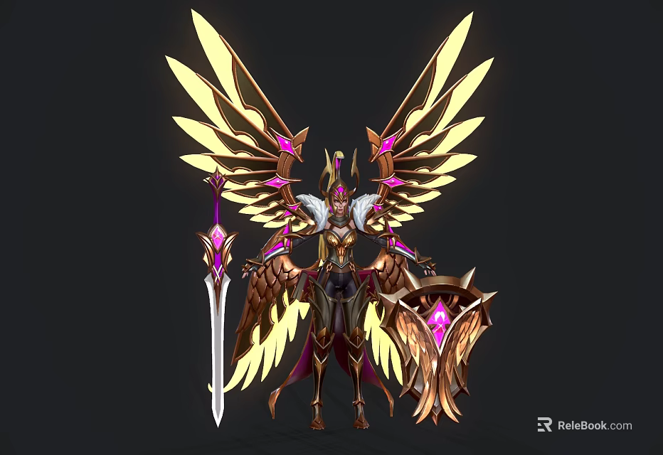 Divine Fantasy Character In Armor With Golden Wings Pink Crystals Sword And Shield 3d model 