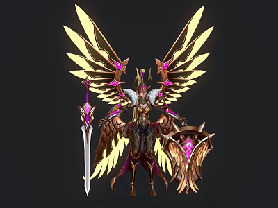 Divine Fantasy Character In Armor With Golden Wings Pink Crystals Sword And Shield 3d model