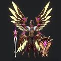 Divine Fantasy Character In Armor With Golden Wings Pink Crystals Sword And Shield