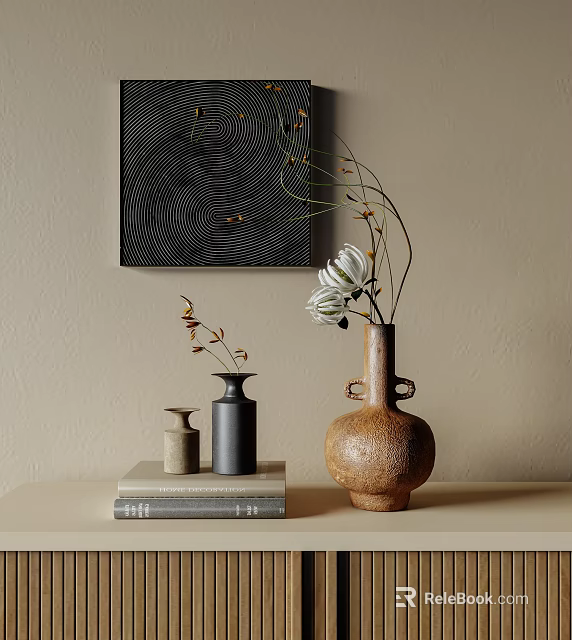 Decorative Ornament Set with Ceramic Vases Dried Flowers White Blooms and Stacked Books on Table 3d model 