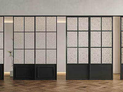 Modern Black Frame Glass Sliding Doors For Interior Space With Herringbone Wooden Floor 3d model