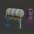 Large Turquoise Rusty Metal Tank on Stand with Small Grayish White Tank and Pedestals