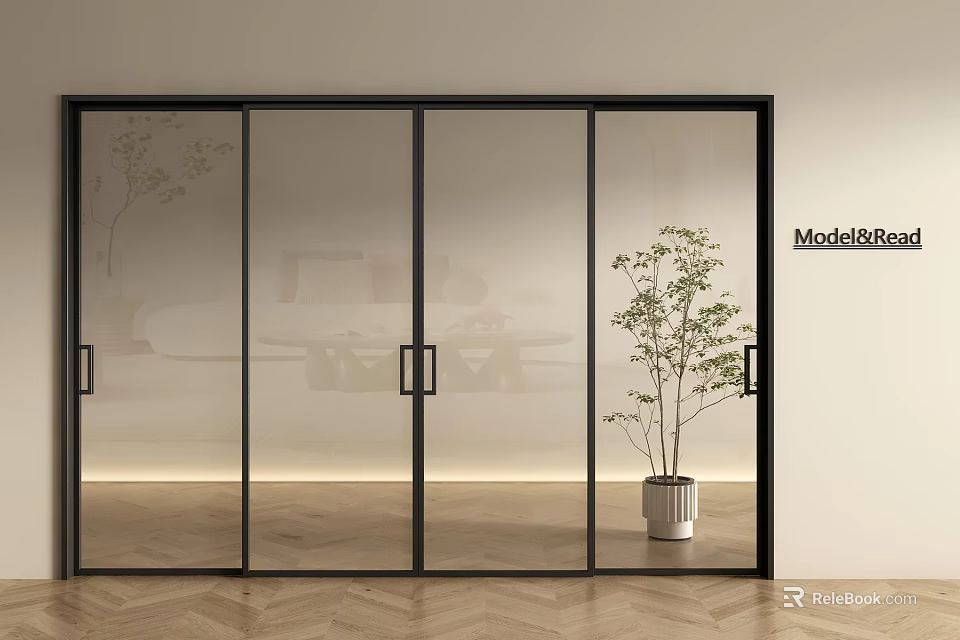 Glass Sliding Doors With Black Frame In Modern Interior With Wooden Floor And Potted Plant 3d model 
