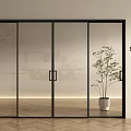 Glass Sliding Doors With Black Frame In Modern Interior With Wooden Floor And Potted Plant