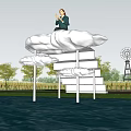 Person Sitting On Cloud Shaped Platform With Windmill Pond Reflection Green Fields And Trees 3d model