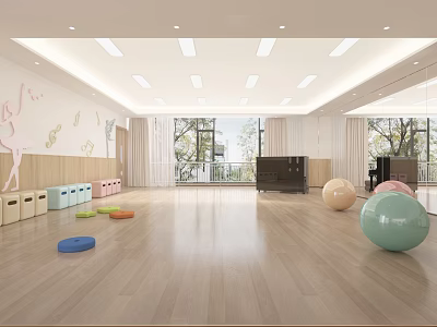 Spacious Fitness Studio With Wooden Floor Ballet Silhouettes Colorful Yoga Balls And Storage Cabinets 3d model