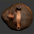 Artistic Orange Clay Sculpture Carving with Two Tubular Spouts Handle and Textured Surface