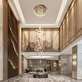 Luxury Hotel Lobby Interior With Grand Chandelier Wooden Panels Marble Walls And Double Height Ceiling Design