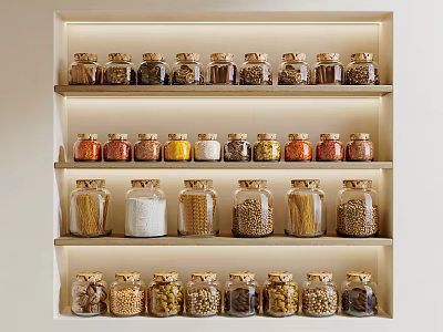 Neatly Arranged Kitchen Spice Jars On Built-in Wooden Shelves With Multiple Layers 3d model